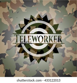 Teleworker on camouflage texture