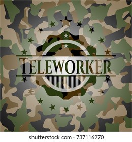 Teleworker on camouflage texture