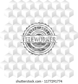 Teleworker realistic grey emblem with cube white background