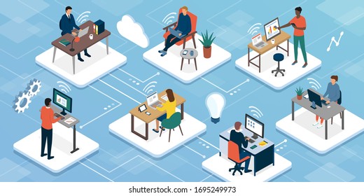 Teleworking and business teamwork: professional workers connecting with their computers and working with their colleagues online, working from home concept