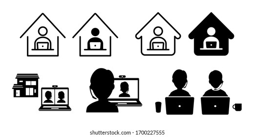 Teleworking From Home Work Remote Vector Icon Set Illustration Black And WhiteTeleworking From Home Work Remote Vector Icon Set Illustration Black And White