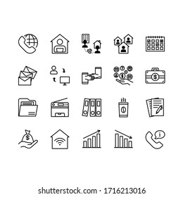 Teleworking , Working From Home, Work Remote Vector Icon Set. Vector Illustration Included Icon As Freelance Worker With Laptop, Workspace, Pc Monitor. Stay Safe At Home And Working. Editable Stroke.