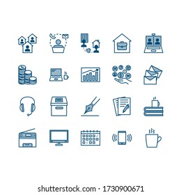 Teleworking , working from home, work remote vector icon set. Vector illustration included icon as freelance worker with laptop, workspace, pc monitor. Stay safe at home and working. Editable Stroke.