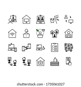 Teleworking , Working From Home, Work Remote Vector Icon Set. Vector Illustration Included Icon As Freelance Worker With Laptop, Workspace, Pc Monitor. Stay Safe At Home And Working. Editable Stroke.