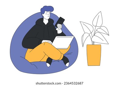 Teleworking with Young Man Sitting in Bean Bag with Laptop Working from Home Vector Illustration