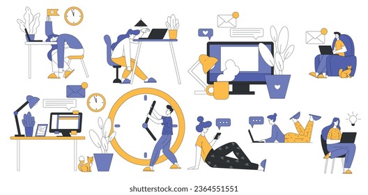 Teleworking with Young Man and Woman Working from Home Vector Set