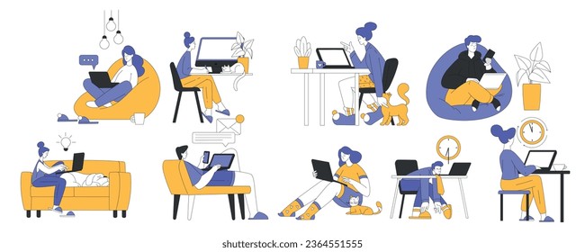 Teleworking with Young Man and Woman Working from Home Vector Set