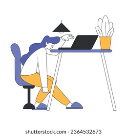 Teleworking with Young Tired Woman Sitting at Desk Vector Illustration