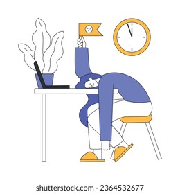 Teleworking with Young Tired Woman Sitting at Desk with Flag Vector Illustration