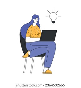 Teleworking with Young Woman Sitting in Armchair with Laptop Working from Home Vector Illustration