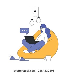 Teleworking with Young Woman Sitting in Bean Bag with Laptop Working from Home Vector Illustration