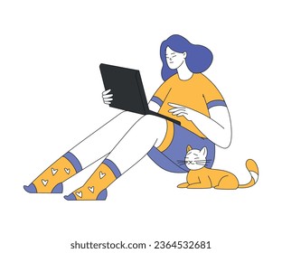 Teleworking with Young Woman in Socks Sitting with Laptop Working from Home Vector Illustration