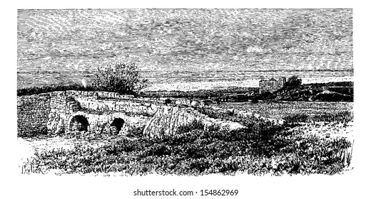 Tell Jisr Bridge in Beqaa Valley, Lebanon, vintage engraved illustration. Le Tour du Monde, Travel Journal, 1881
