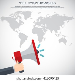 Tell it to the world - Flat design stylish vector illustration of hand holding megaphone with dotted world map. Digital marketing concept. EPS10 vector.