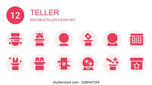 teller icon set. Collection of 12 filled teller icons included Magician, Magician hat, Crystal ball, Magic, Magic ball, Counter
