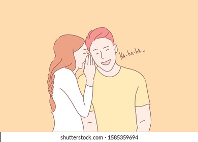 Telling jokes, funny secrets, gossiping concept. Young girl sharing secrets, whispering in sweetheart ear. Cute boy laughing at girlfriend story. Romantic relationships. Simple flat vector