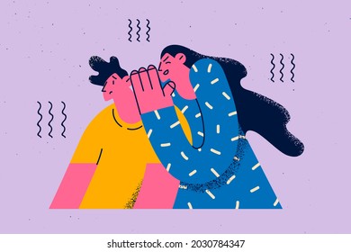 Telling secret and information concept. Young woman standing telling whisper secret to man friends ear and covering lips with hand vector illustration 