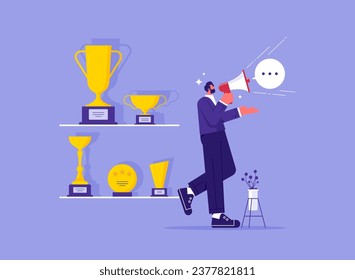 Telling story or inspire people, aspiration concept, success story to motivate people to develop, businessman telling success story with megaphone with winner trophy