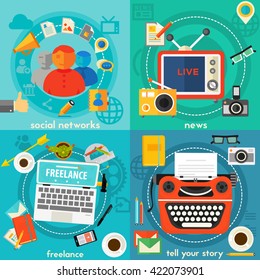 Telling A Story, News, Freelance and Social Networking concept banners. Flat style vector illustration online web banners