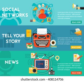 Telling A Story, News and Social Networking concept banners. Flat style vector illustration online web banners