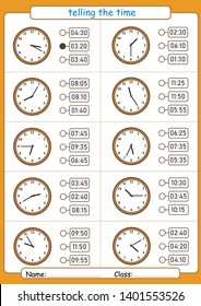 telling the time, choose the correct time, worksheet for kids 