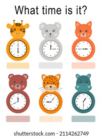 Telling time educational activity with clock in shape of cartoon funny animals. Preschool time learning. A game for children. Worksheet for school kids. Useful games for preschool and kindergarten.