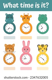 Telling time educational activity with clock in shape of cartoon funny animals. Preschool time learning. A game for children. Worksheet for school kids. Useful games for preschool and kindergarten.