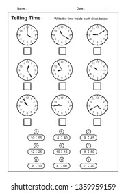 Telling Time Telling the Time Practice for Children Worksheets for Learning to Tell Time game Time Worksheets vector
