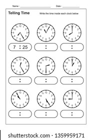 Telling Time Telling the Time Practice for Children Worksheets for Learning to Tell Time game Time Worksheets vector
