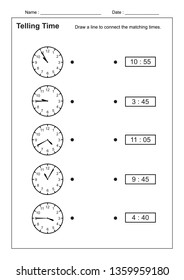 Telling Time Telling the Time Practice for Children Worksheets for Learning to Tell Time game Time Worksheets vector
