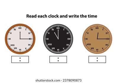 Schreibarbeitsblatt. Unterschiedliche Farbe. Zahluhr und römische Briefuhr. Wie spät ist es? schreiben Sie die Zeit auf der Uhr Unterrichtsmaterial für Grundschüler. Vektorgrafik.