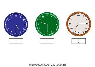 Hoja de cálculo de tiempo de llamada. Color diferente. reloj de números y reloj de letras romanas. ¿qué hora es? escribir la hora que aparece en el reloj Material educativo para estudiantes de primaria. ilustración vectorial.