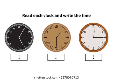 Telling time worksheet. Different color. number clock and Roman letter clock. what is the time? write the time shown on the clock Educational material for primary school students. vector illustration.