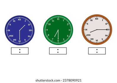 Telling time worksheet. Different color. number clock and Roman letter clock. what is the time? write the time shown on the clock Educational material for primary school students. vector illustration.