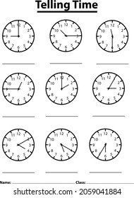 Telling time worksheet for pre school kids. game for child. write time on the clock.
