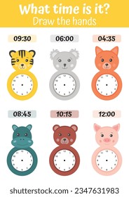 Telling time worksheet for preschool kids to identify the time. Clock faces with funny animals. Kids preschool playing, learning activity. Educational task for the development of logical thinking.