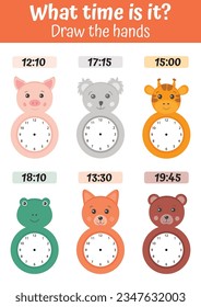 Telling time worksheet for preschool kids to identify the time. Clock faces with funny animals. Kids preschool playing, learning activity. Educational task for the development of logical thinking.