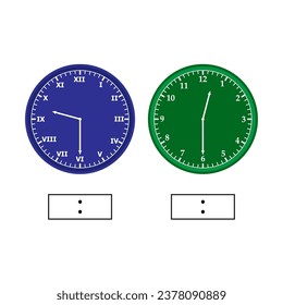 Contando la hoja de cálculo de tiempo.reloj de número y reloj de letra romana. ¿cuál es el momento? escribir la hora que aparece en el reloj Material educativo para estudiantes de primaria. ilustración vectorial.