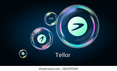 Símbolo de símbolo de Tellor TRB en burbuja de jabón, moneda DeFi proyecto de financiación descentralizada. La pirámide financiera estallará pronto y se destruirá. EPS10 vectores.