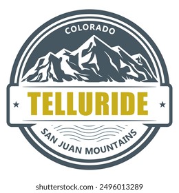 Telluride, Colorado, San Juan Mountains resort stamp, emblem with snow covered mountains, vector