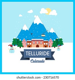 Telluride, Colorado, Winter Holiday destination flat design on snowy mountain background.