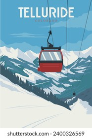 telluride travel poster vintage illustration design with cable  car or gondola design, skiing and snowboarding poster