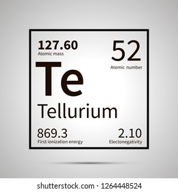 Tellurium chemical element with first ionization energy, atomic mass and electronegativity values ,simple black icon with shadow on gray