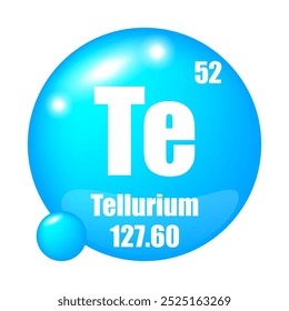 Tellurium icon. Te chemical element. Atomic number 52. Mass 127.60. Blue sphere image. Vector symbol.