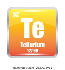 Tellurium icon. Te chemical element. Atomic number 52. Mass 127.60. Orange square.