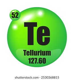 Tellurium icon. Te chemical element. Atomic number 52. Mass 127.60. Green sphere vector.