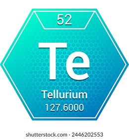 Tellurium (Te) (052) Metalloid, Semimetal - Fundamental Chemical Element, Periodic Table in Chemistry Symbol, Name, Atomic Mass, Number, Chemistry Hexagon Logo Icon Design, White Background