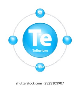 Tellurium (Te) Icon structure chemical element round shape circle light blue with surround ring. Period number shows of energy levels of electron. Study science for education. 3D Illustration vector.