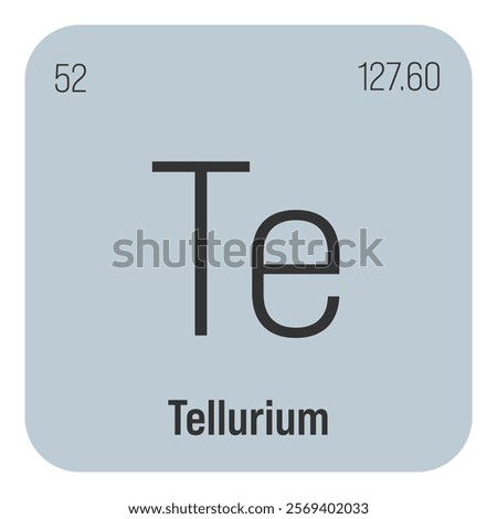 Tellurium, Te, periodic table element with name, symbol, atomic number and weight. Metalloid with various industrial uses, such as in certain types of glass, solar cells, and as a component in certain