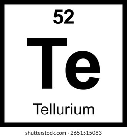 Telúrio (Te) tabela periódica de elementos azulejos. Ícone com número atômico 52. Metaloide utilizado em ligas e para discos óticos regraváveis.